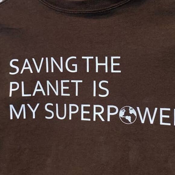 Hand Printed Upcycled Kids Medium Saving the Planet is My Superpower Tee - Picture 2 of 3